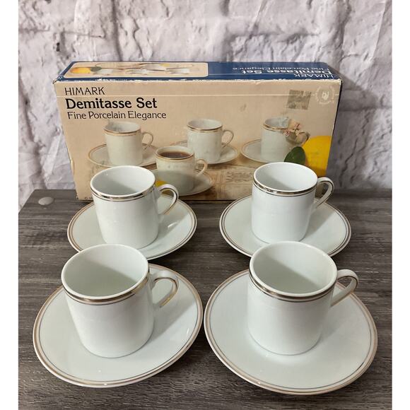 1983 Set of 4 Himark Demitasse Espresso Cups Saucers Porcelain Japan Gold White - Picture 1 of 5